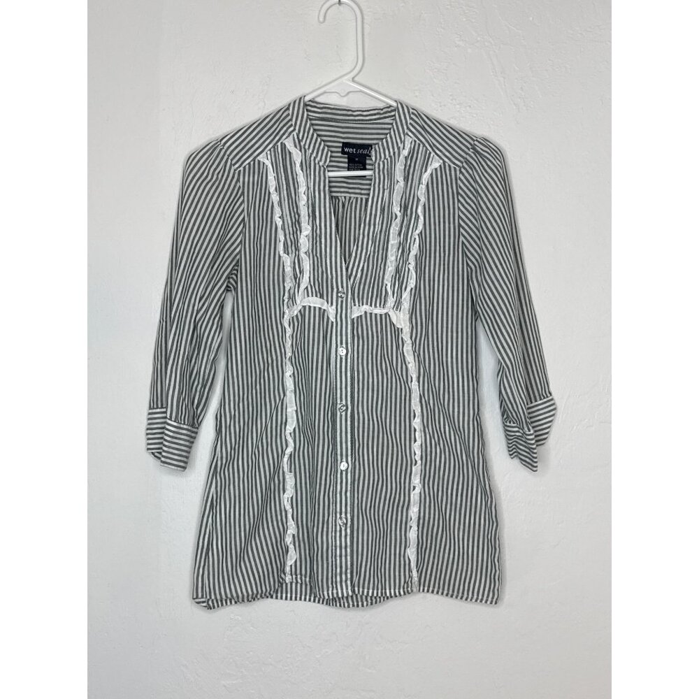 Wet Seal Y2K 100% Cotton 3/4 Sleeve Tie Back Button Front Striped Blouse Gray M